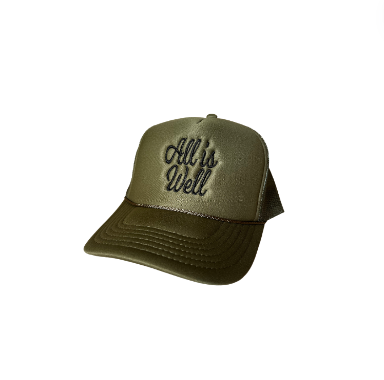 All Is Well Trucker Hat, Moss green with dark green stitching